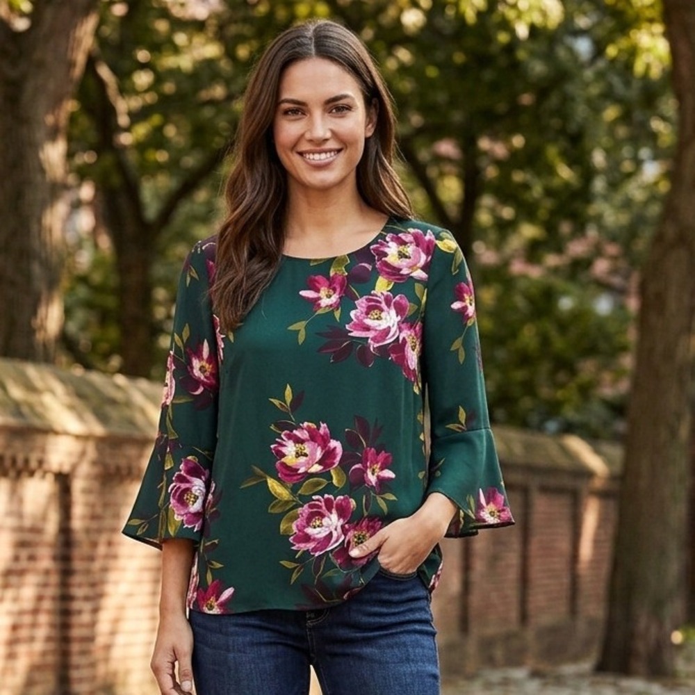 Carolina Belle Montreal Green Floral Bell Sleeve Blouse Top Size L Officewear